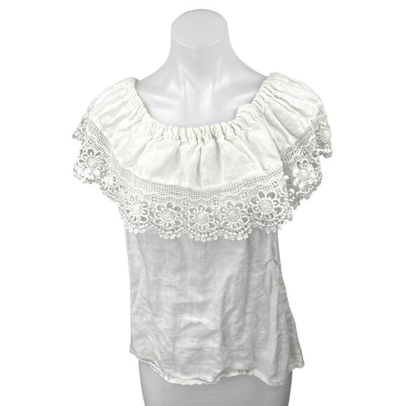 Women's White Embroidered Floral Crochet Off The Shoulder Ruffle Blouse Top Sz S - Picture 1 of 4